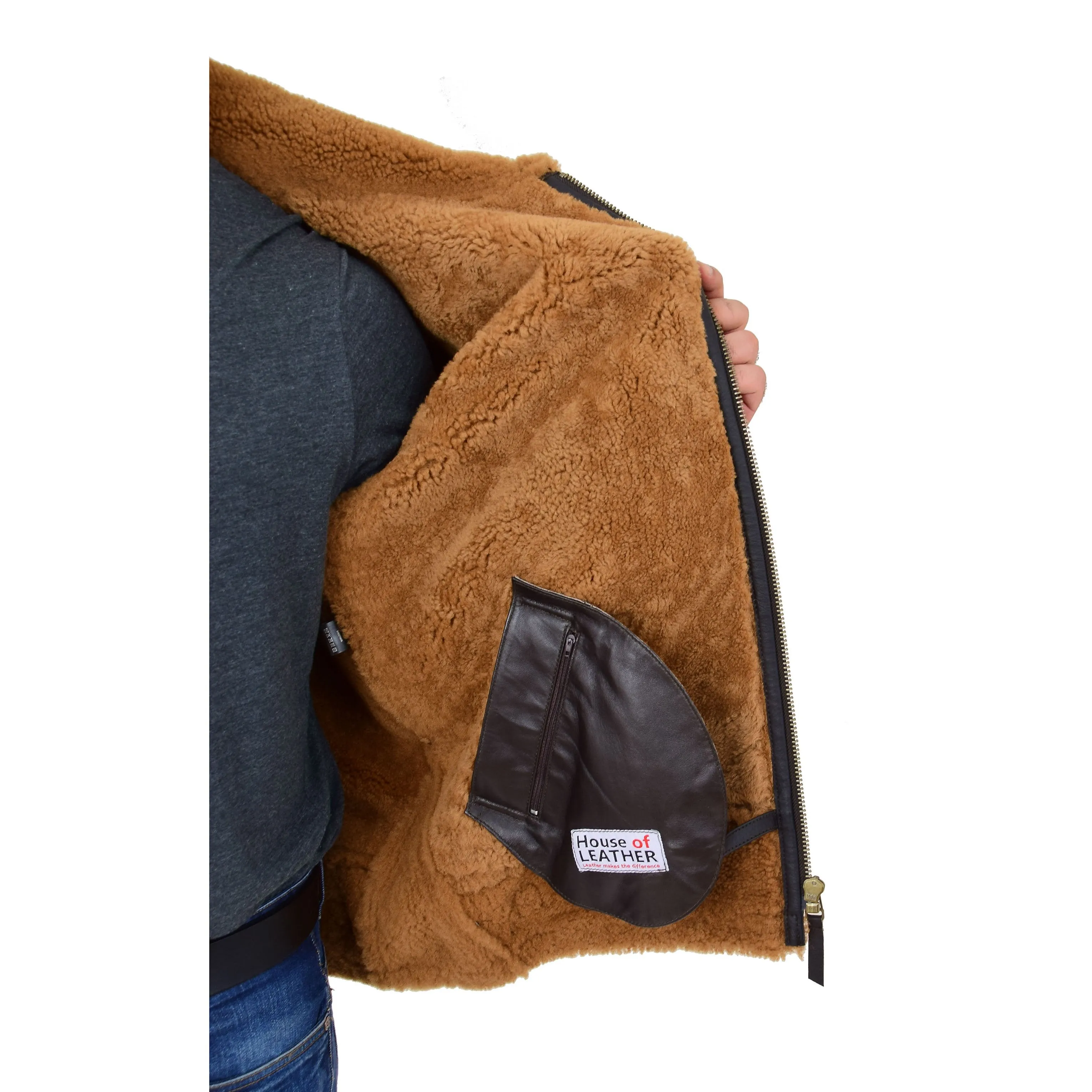 Mens Real Sheepskin Flying Jacket Hooded Brown Ginger Shearling Hawker