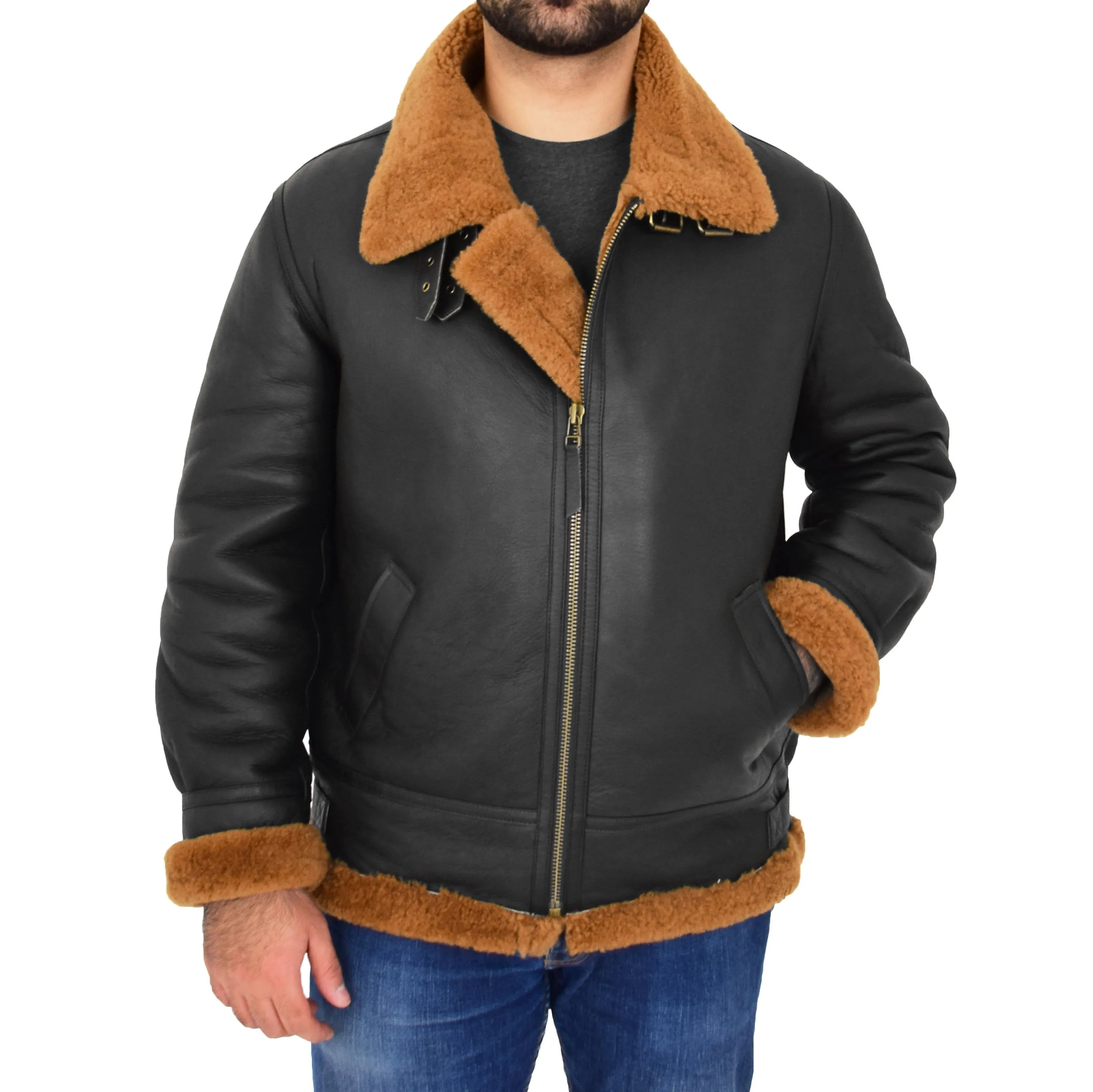 Mens Real Sheepskin Flying Jacket Hooded Brown Ginger Shearling Hawker