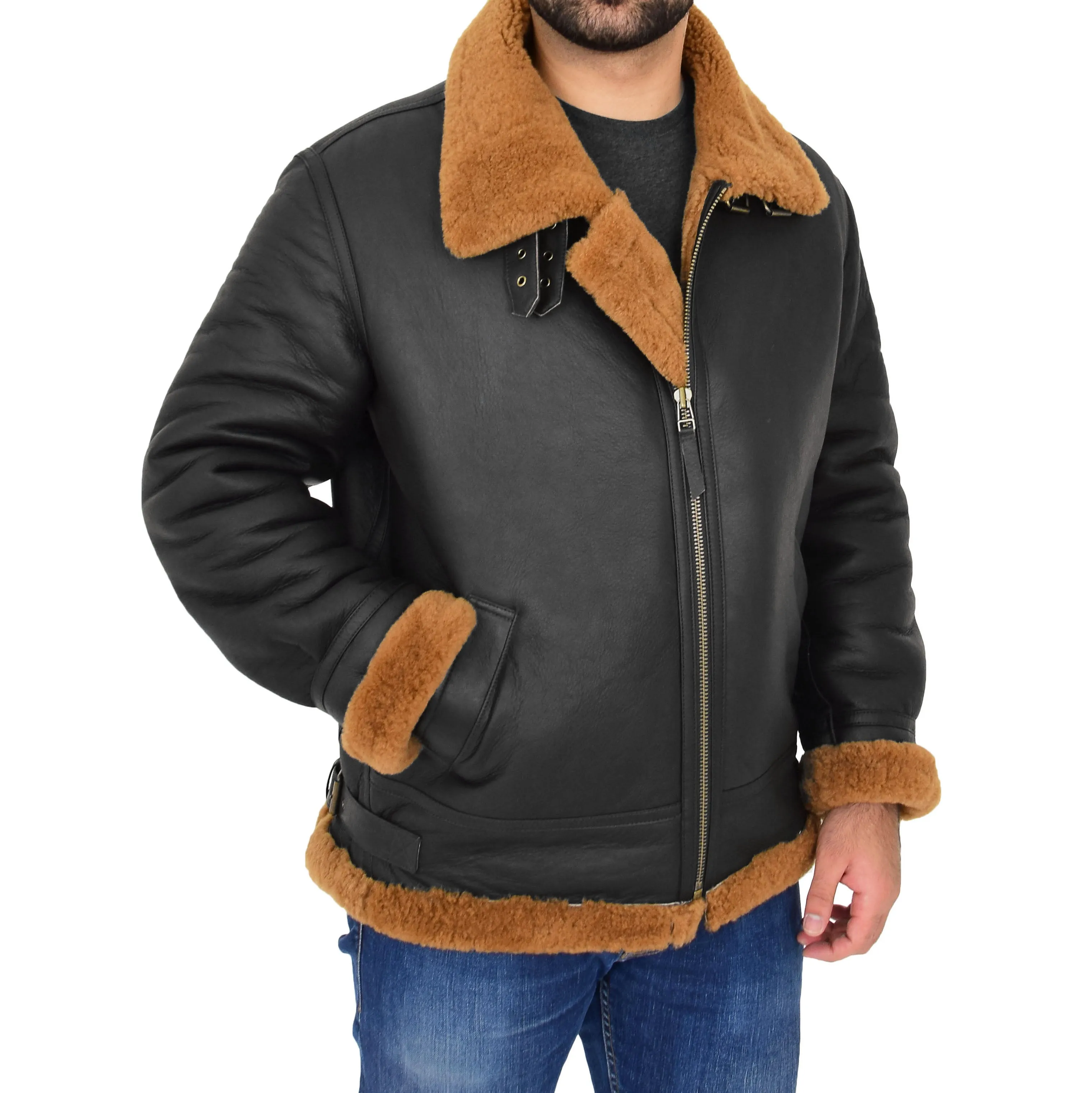 Mens Real Sheepskin Flying Jacket Hooded Brown Ginger Shearling Hawker