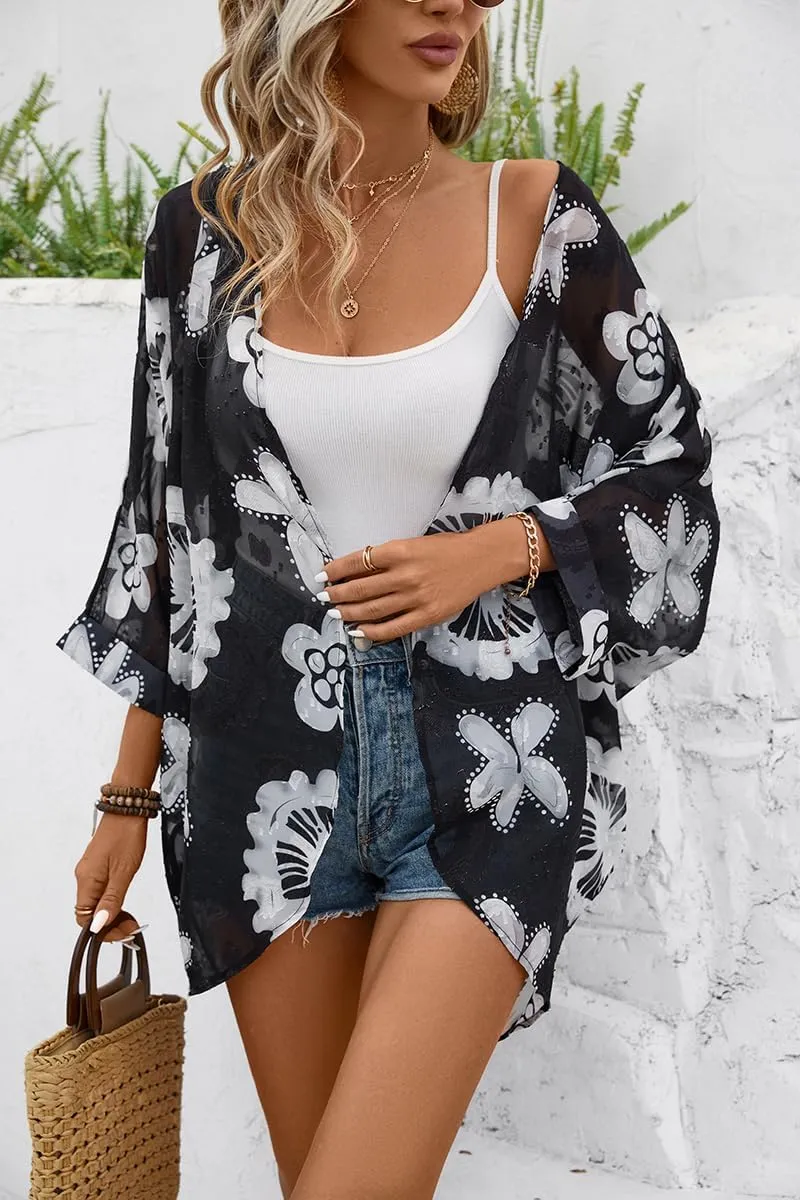 olrain Women's Floral Print Sheer Chiffon 3/4 Bat Sleeve Casual Loose Kimono Cardigan Capes