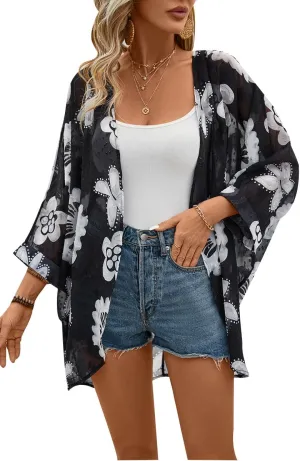 olrain Women's Floral Print Sheer Chiffon 3/4 Bat Sleeve Casual Loose Kimono Cardigan Capes