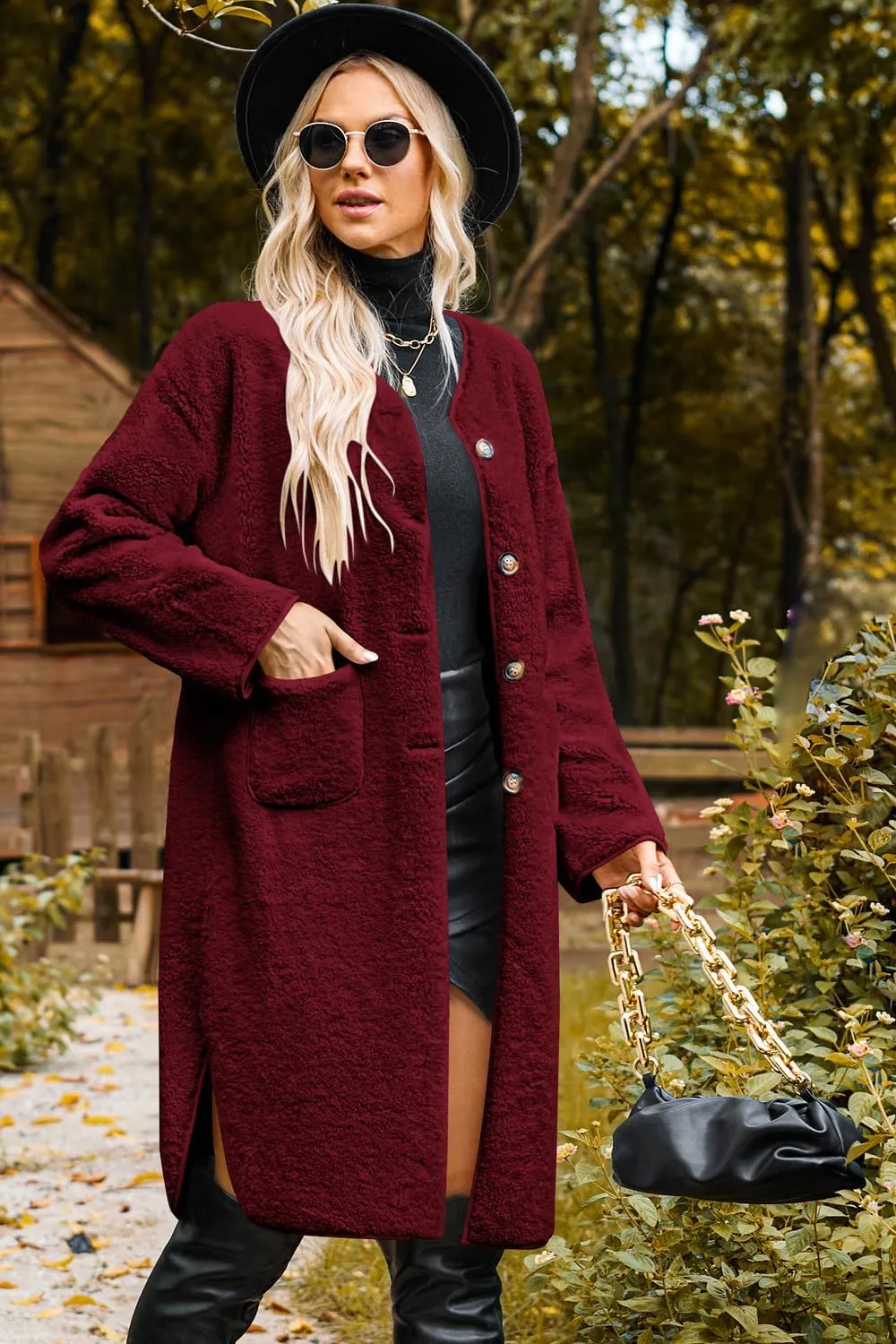 Poetsky Womens Winter Teddy Faux Fur Coats Warm Button Down Fuzzy Fleece Long Jacket Outerwear Outfits
