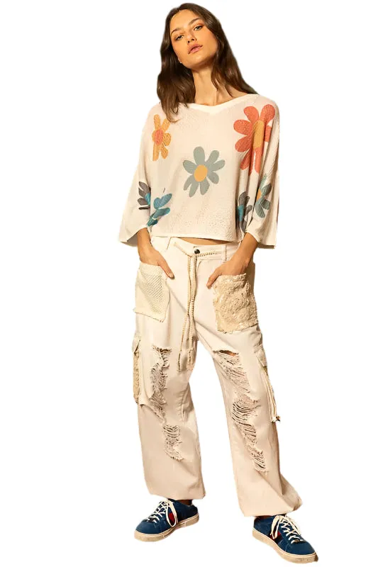 POL Flower Dropped Shoulder Long Sleeve Knit Top
