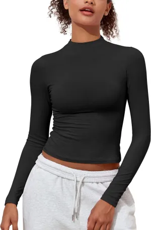 PrettyGuide Women's Cotton Long Sleeve Shirts Mock Neck Basic Tee Tight Fitted Fall Going Out Tops
