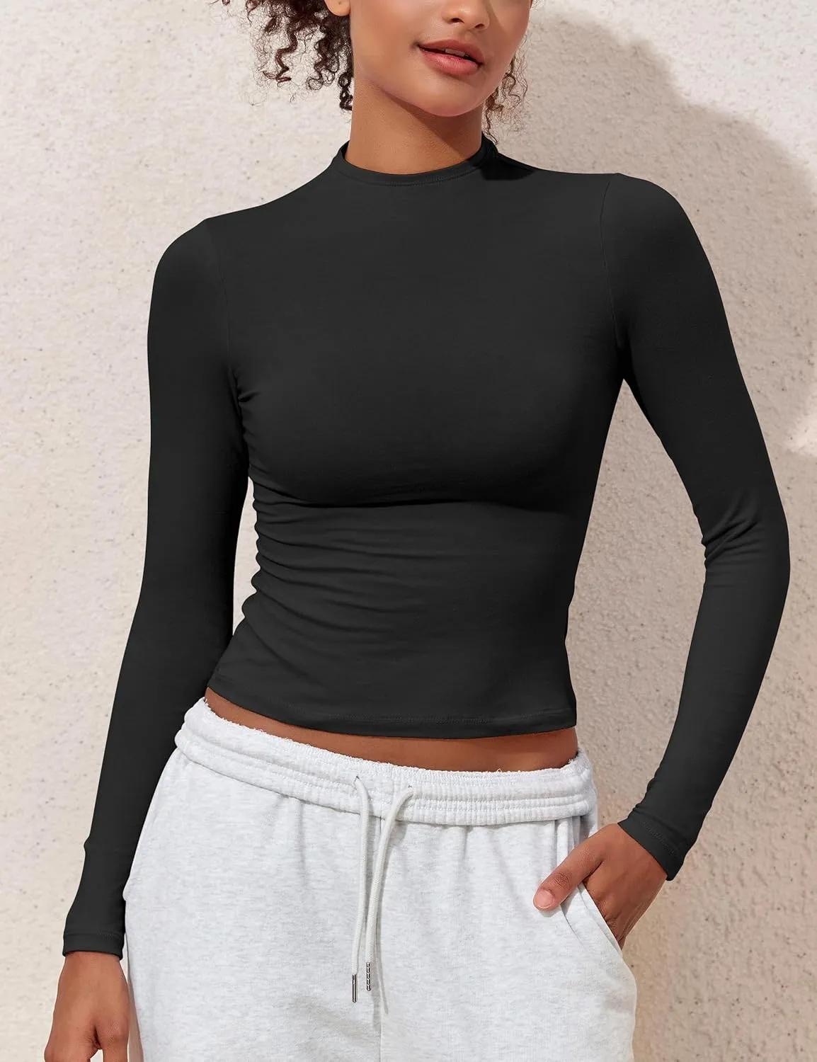 PrettyGuide Women's Cotton Long Sleeve Shirts Mock Neck Basic Tee Tight Fitted Fall Going Out Tops