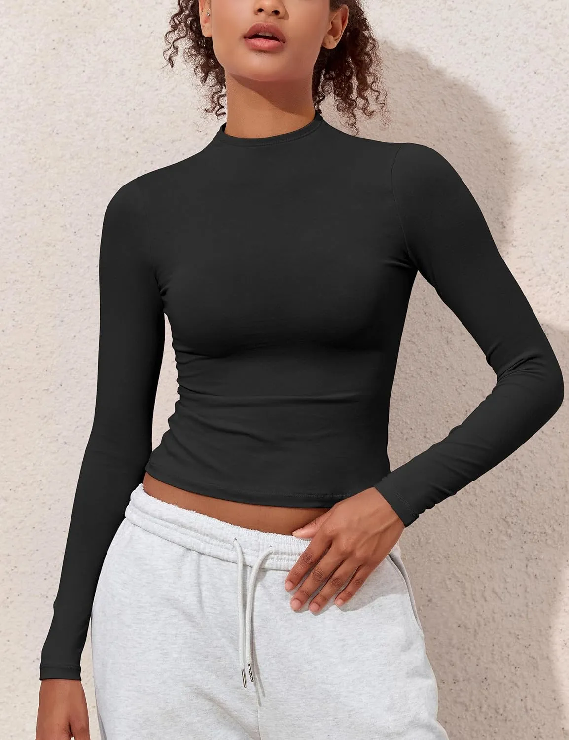 PrettyGuide Women's Cotton Long Sleeve Shirts Mock Neck Basic Tee Tight Fitted Fall Going Out Tops