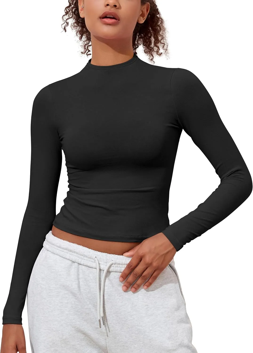 PrettyGuide Women's Cotton Long Sleeve Shirts Mock Neck Basic Tee Tight Fitted Fall Going Out Tops