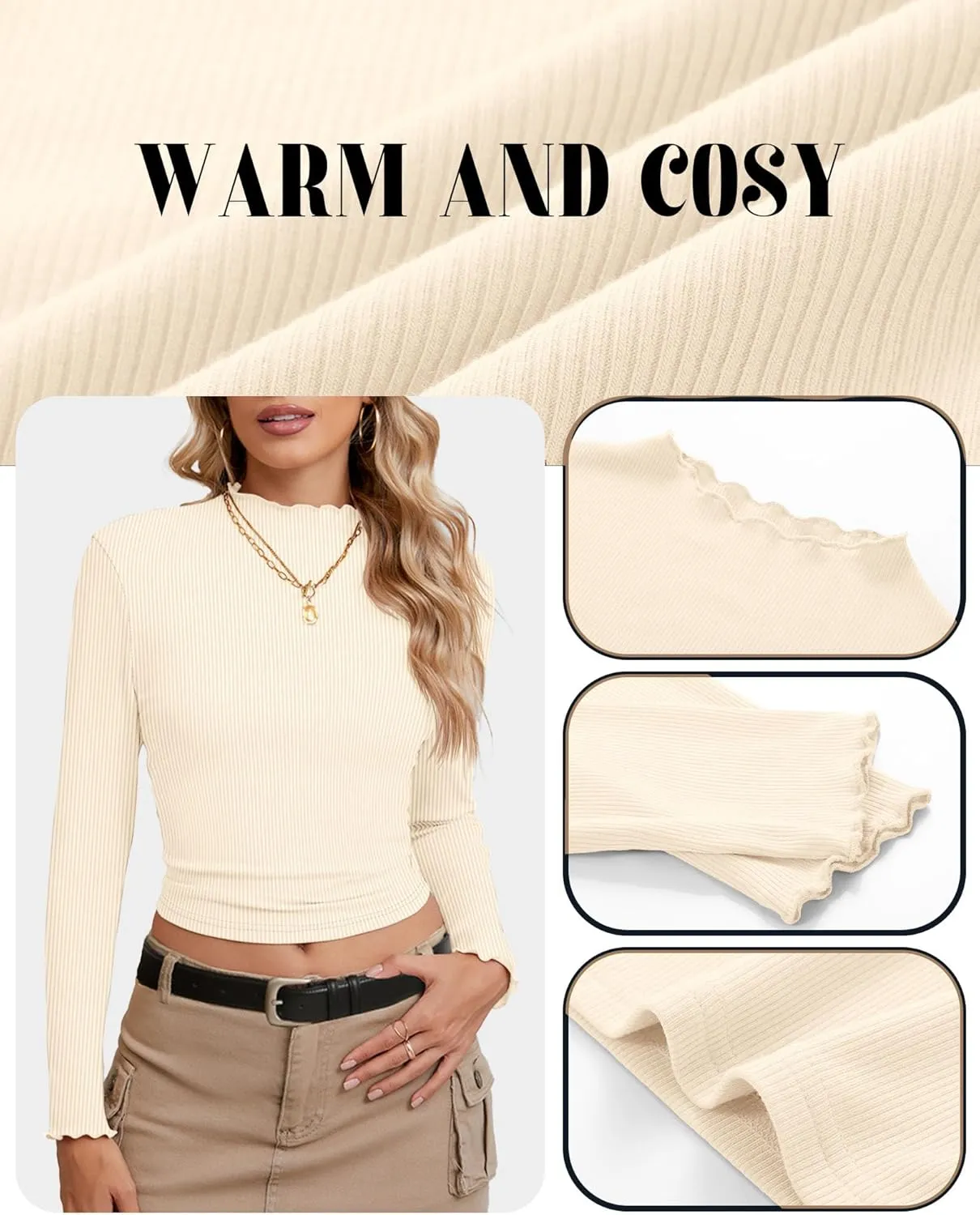 Riyiper 3 Pack Women's Mock Neck Long Sleeve Shirts, Lettuce Trim Slim Fit Ribbed Knit Crop Tops Turtleneck Base Layer Tee