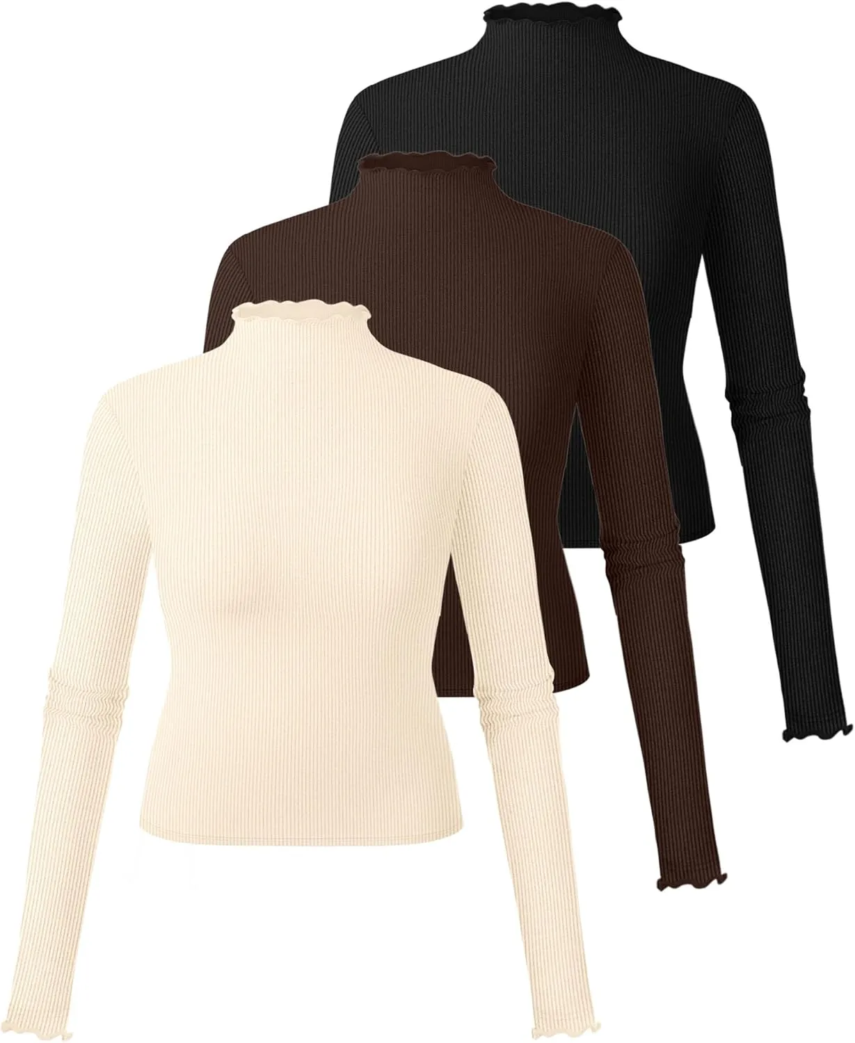 Riyiper 3 Pack Women's Mock Neck Long Sleeve Shirts, Lettuce Trim Slim Fit Ribbed Knit Crop Tops Turtleneck Base Layer Tee