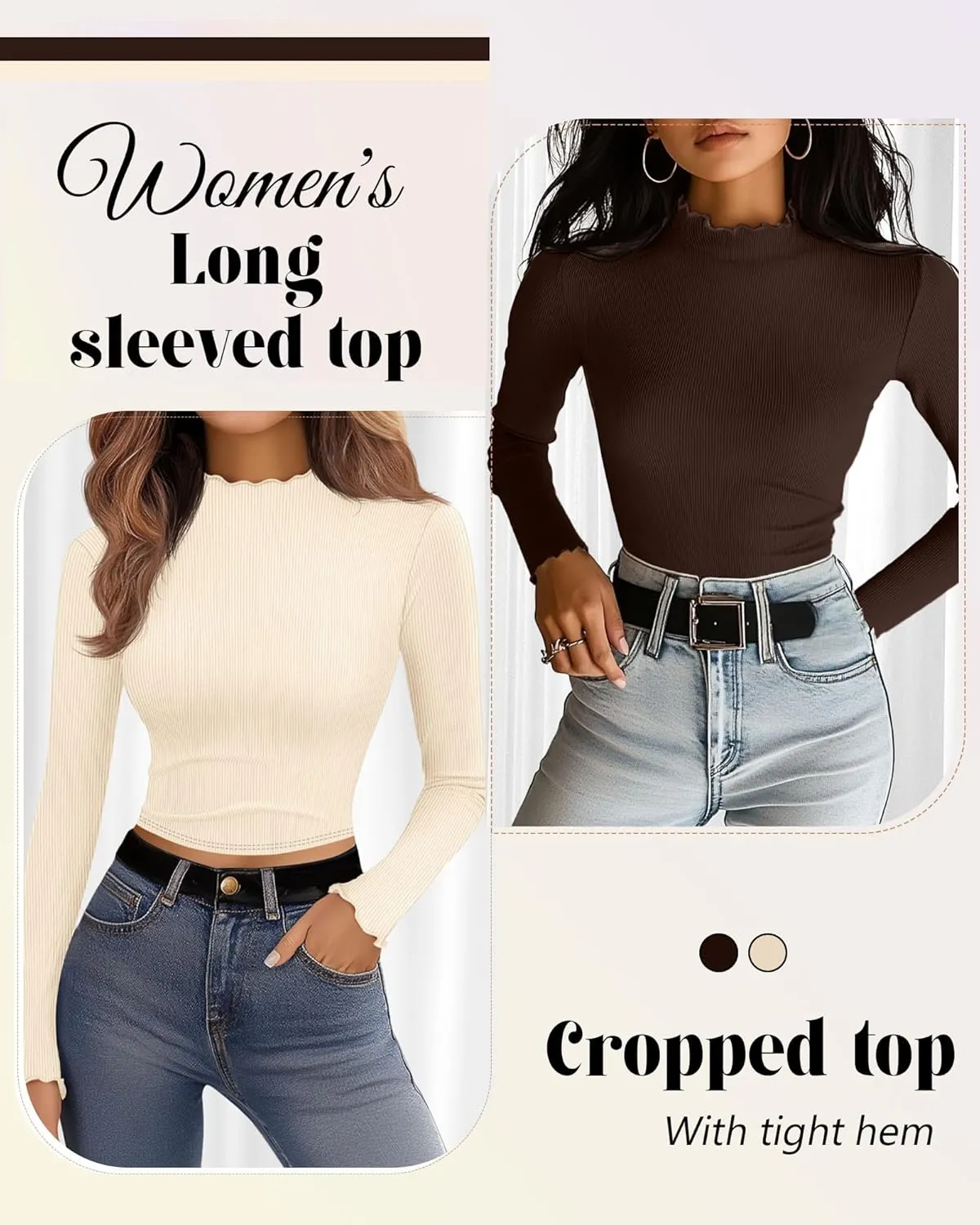 Riyiper 3 Pack Women's Mock Neck Long Sleeve Shirts, Lettuce Trim Slim Fit Ribbed Knit Crop Tops Turtleneck Base Layer Tee