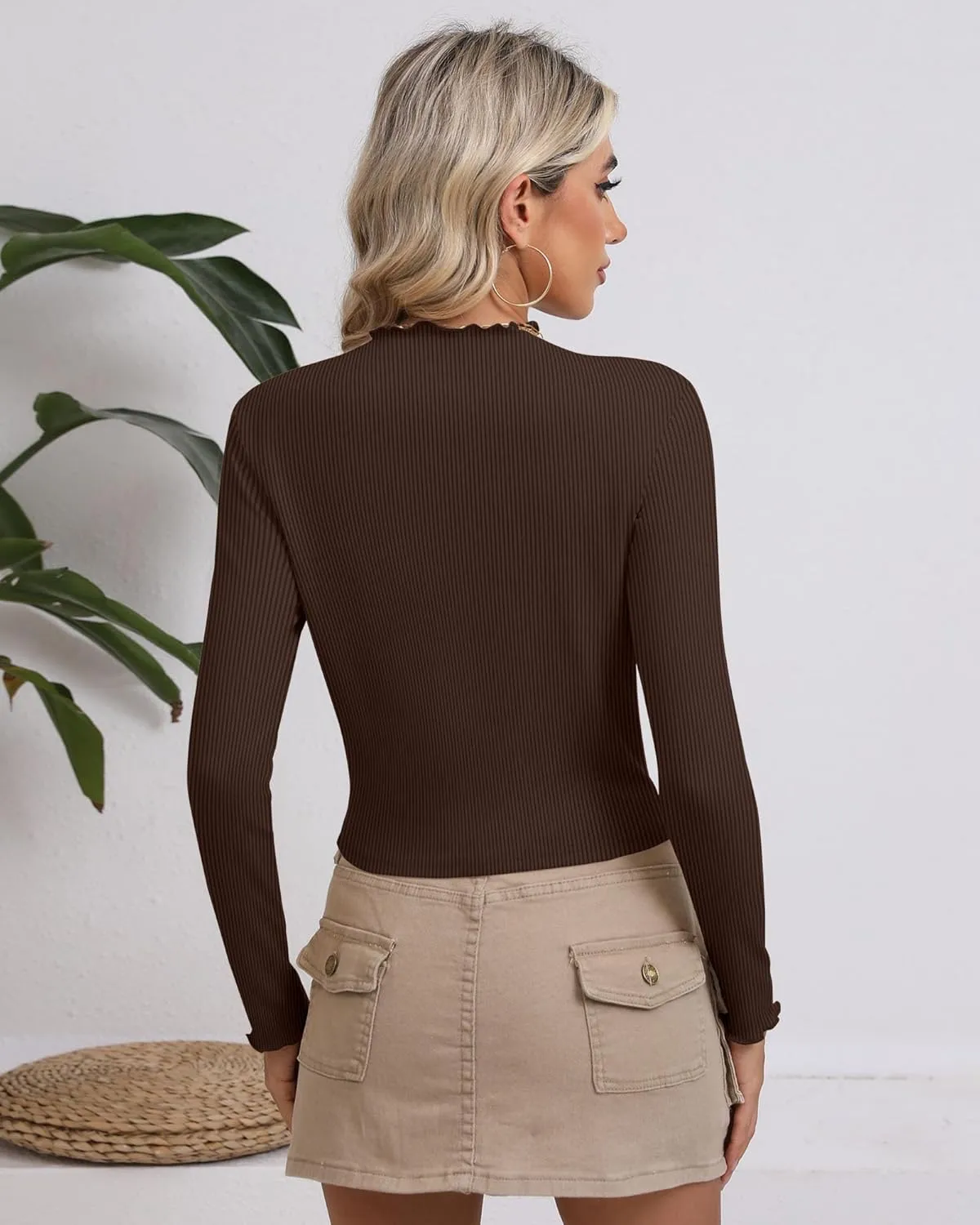 Riyiper 3 Pack Women's Mock Neck Long Sleeve Shirts, Lettuce Trim Slim Fit Ribbed Knit Crop Tops Turtleneck Base Layer Tee