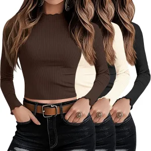 Riyiper 3 Pack Women's Mock Neck Long Sleeve Shirts, Lettuce Trim Slim Fit Ribbed Knit Crop Tops Turtleneck Base Layer Tee