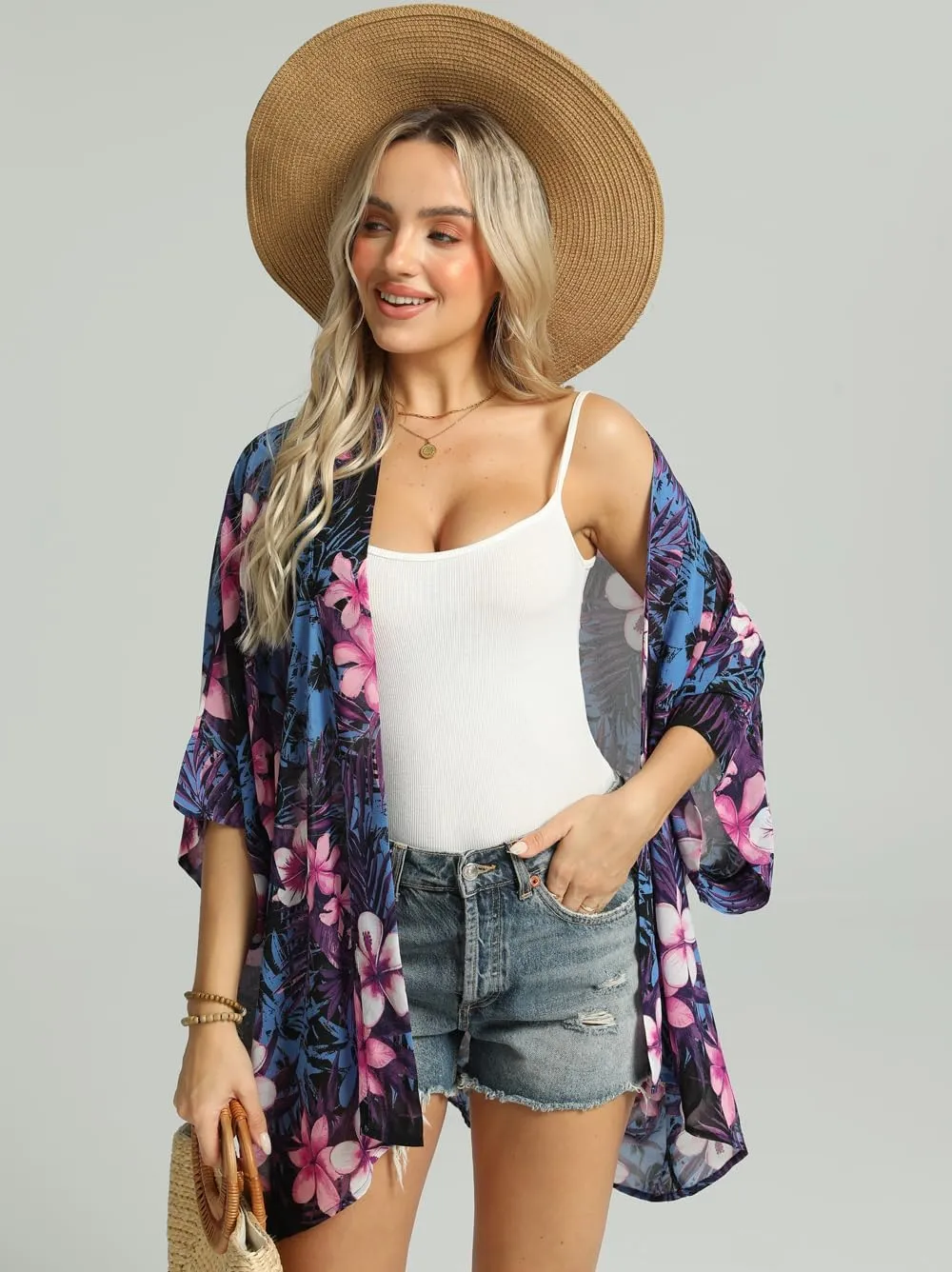 WEIYAN Women's Tops Loose Chiffon Kimono Cardigan Beach Swim Cover up Blouse