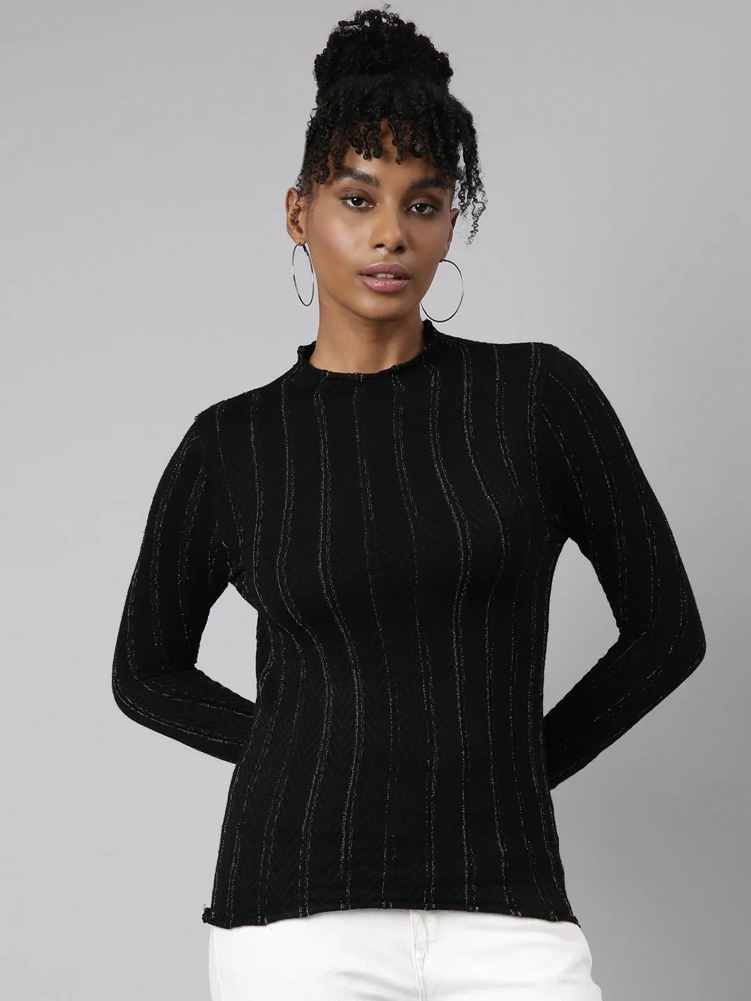 Women Black Vertical Stripes Fitted Top