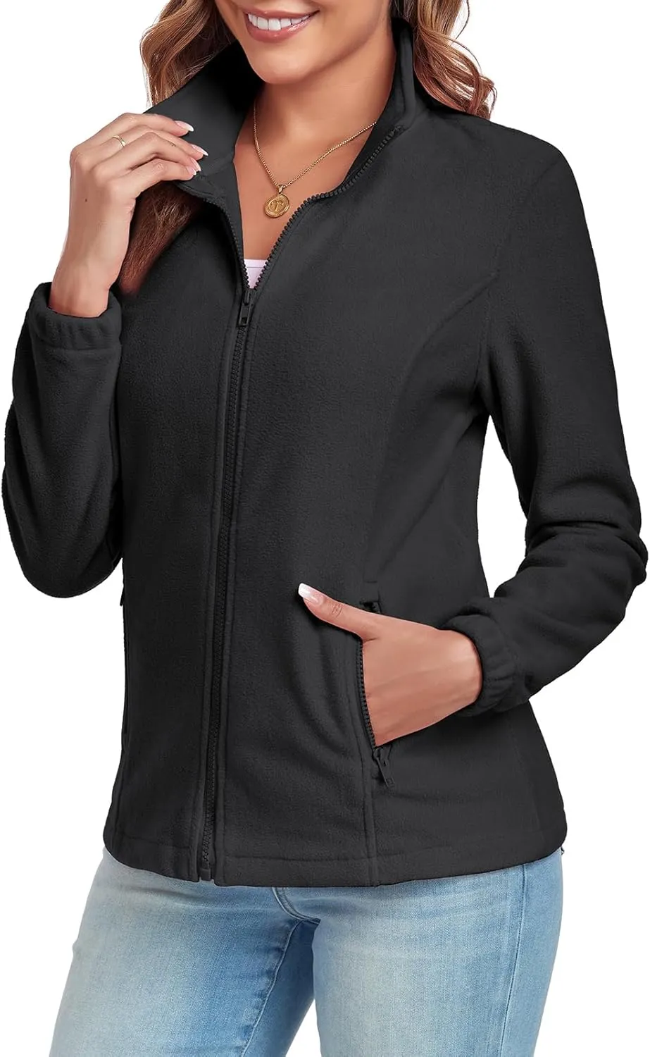 Women's Full Zip up Fleece Jackets Stand Collar Long Sleeve Sherpa Fuzzy Warm Jacket with Pocket