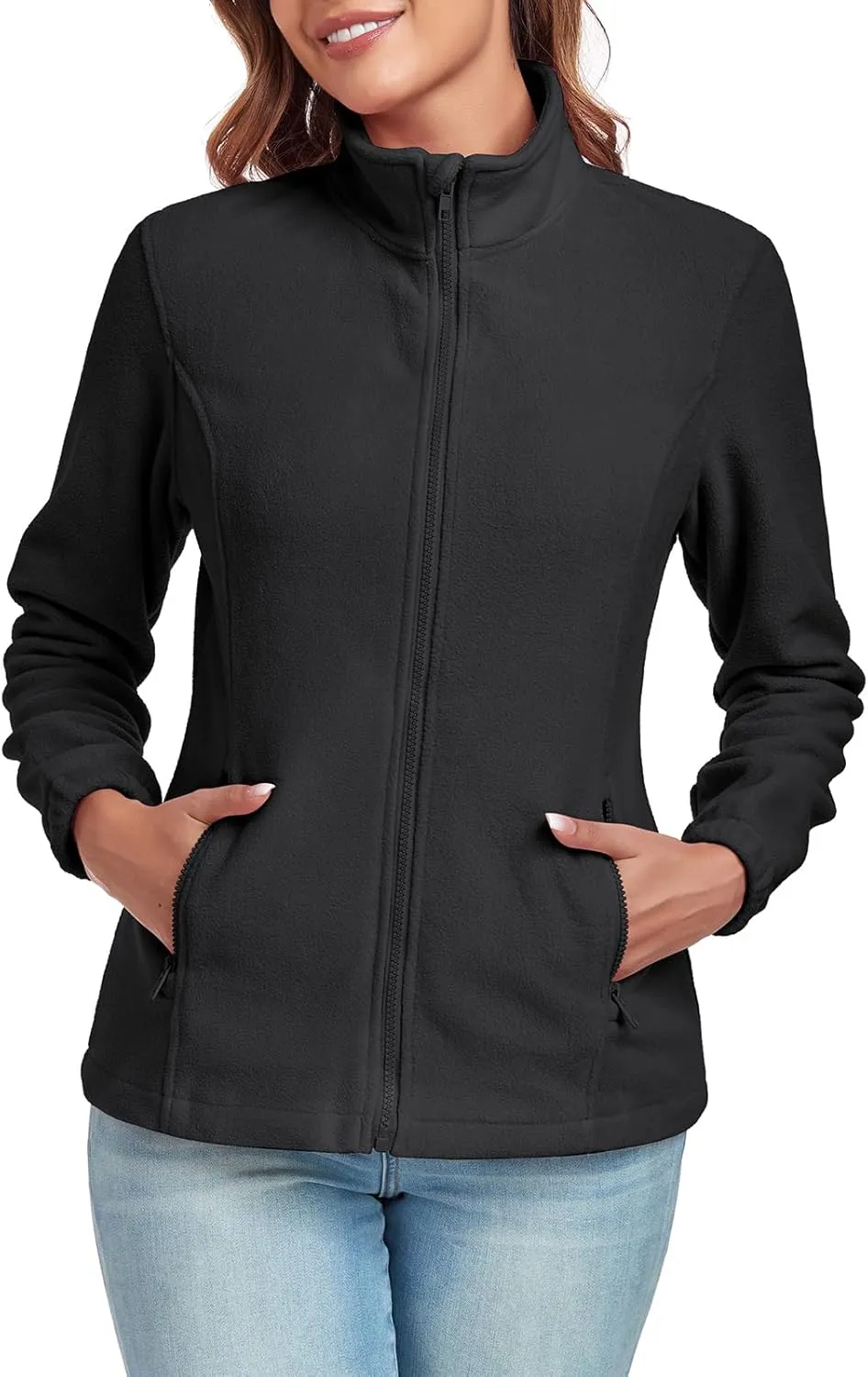 Women's Full Zip up Fleece Jackets Stand Collar Long Sleeve Sherpa Fuzzy Warm Jacket with Pocket