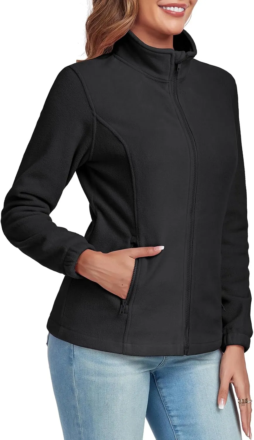 Women's Full Zip up Fleece Jackets Stand Collar Long Sleeve Sherpa Fuzzy Warm Jacket with Pocket