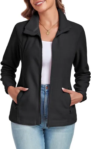 Women's Full Zip up Fleece Jackets Stand Collar Long Sleeve Sherpa Fuzzy Warm Jacket with Pocket