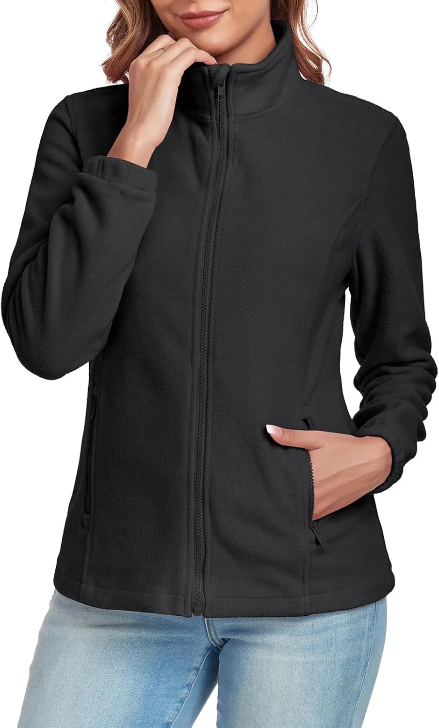 Women's Full Zip up Fleece Jackets Stand Collar Long Sleeve Sherpa Fuzzy Warm Jacket with Pocket