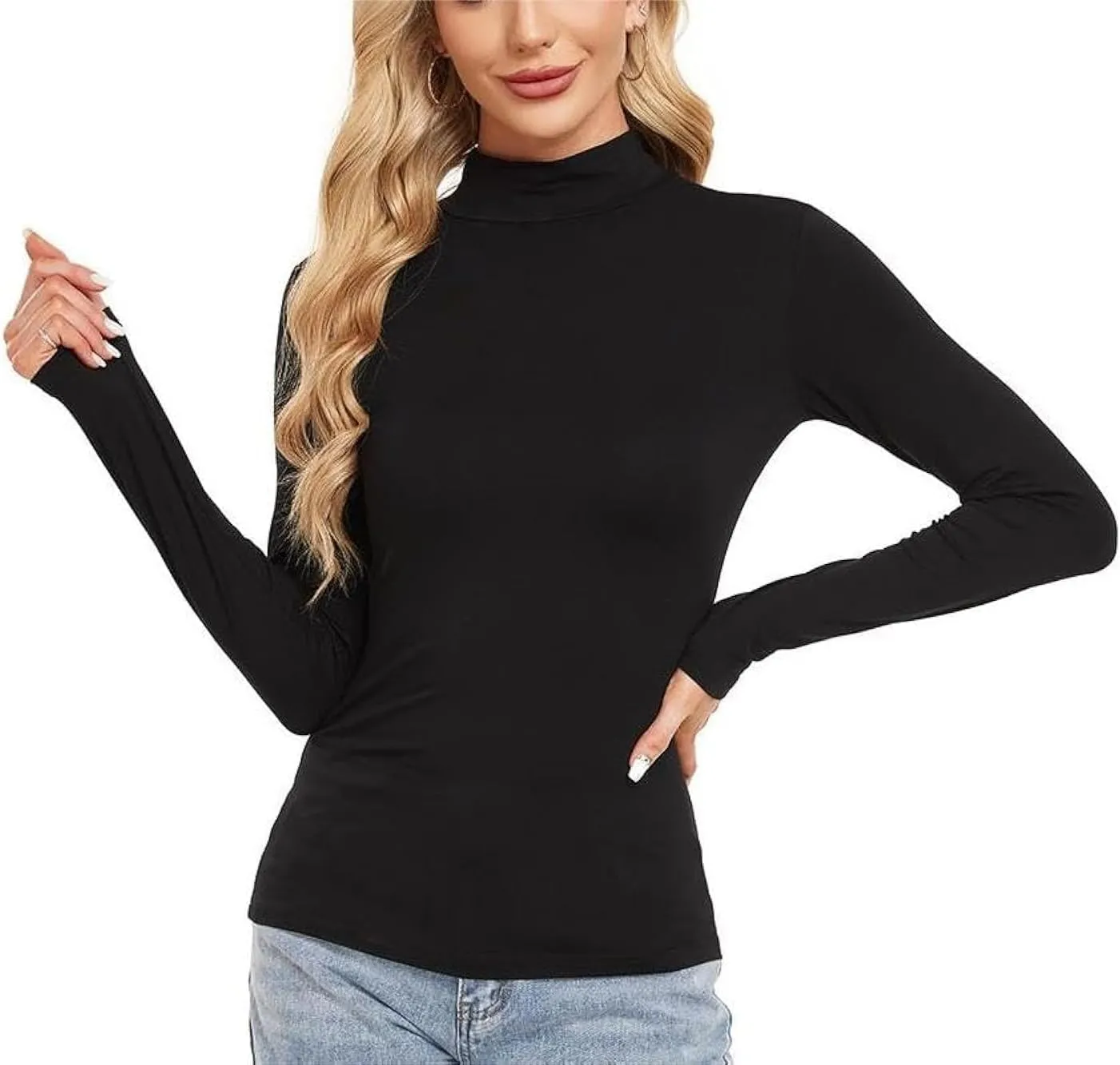 Womens Long Sleeve Shirts Basic Mock Turtleneck Crop Tops Slim Fit Going Out T Shirts for Women Trendy